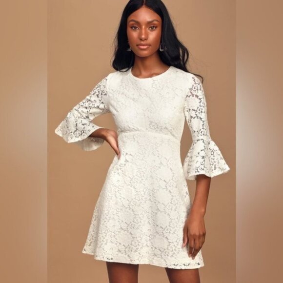 Lulus Favorite Flair White Lace Flounce Sleeve Dress Size Small Romantic - Picture 15 of 15